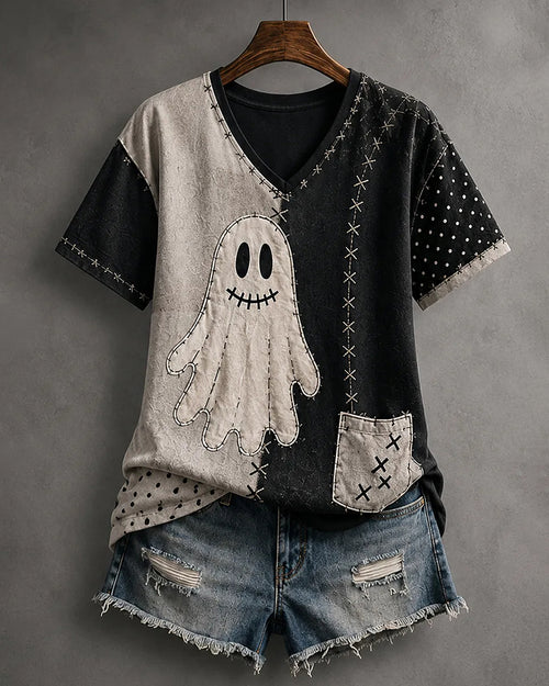 Black And White Stitching Ghost Patch Printed V-neck Short Sleeve T-shirt