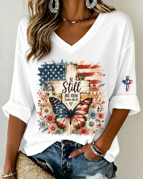 Vintage American Flag Wood Cross Flag Butterfly Print V-Neck 4/3 Sleeve Long Loose Tee