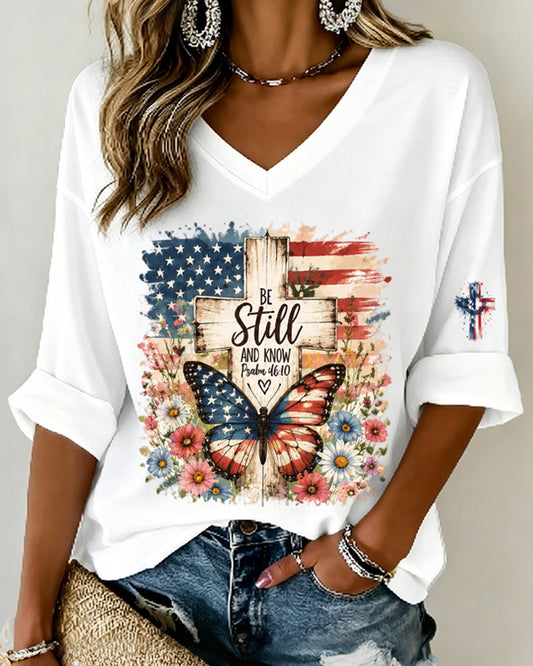 Vintage American Flag Wood Cross Flag Butterfly Print V-Neck 4/3 Sleeve Long Loose Tee