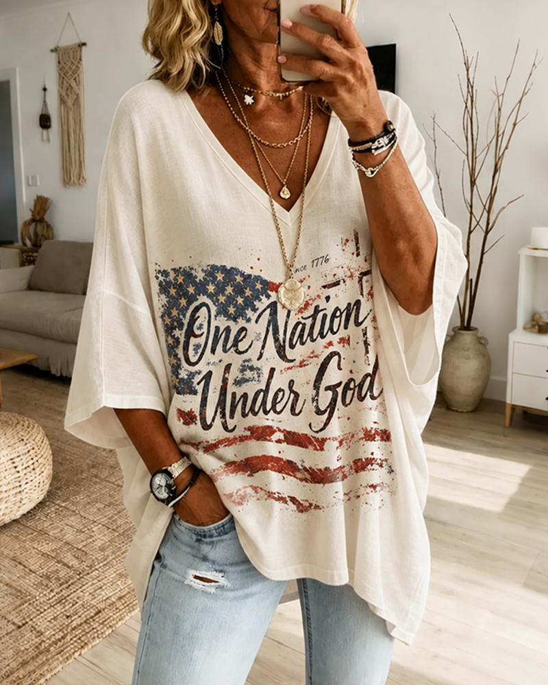 Old American Flag One Nation Under God Text Printed V-Neck 4/3 Sleeve Long V-Neck T-Shirt