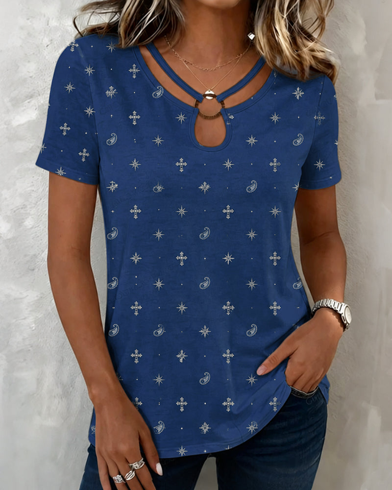 Paisley Cashew Flower Small Cross Star Print Cutout Short Sleeve T-Shirt