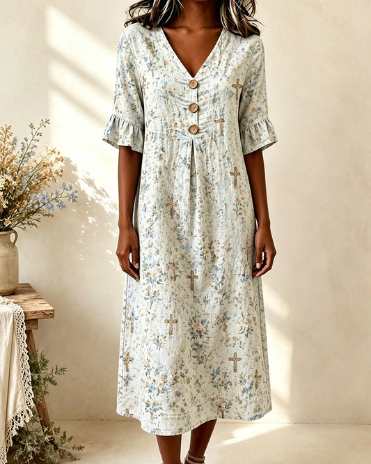 Fresh Small Floral Cross V-Neck Wooden Buckle Midi Dress