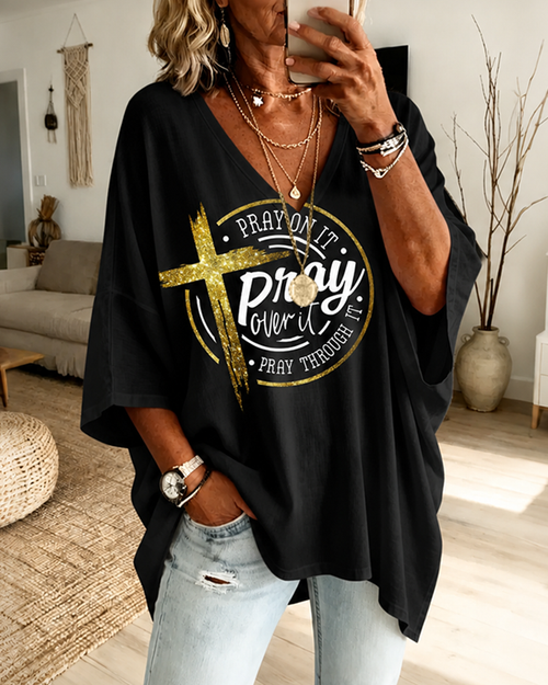 Cross PRAY Text Print V-Neck 4/3 Sleeve Long V-Neck Tee