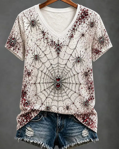 Wine Red Diamond Spider Web Spider Print V-Neck Short Sleeve Tee