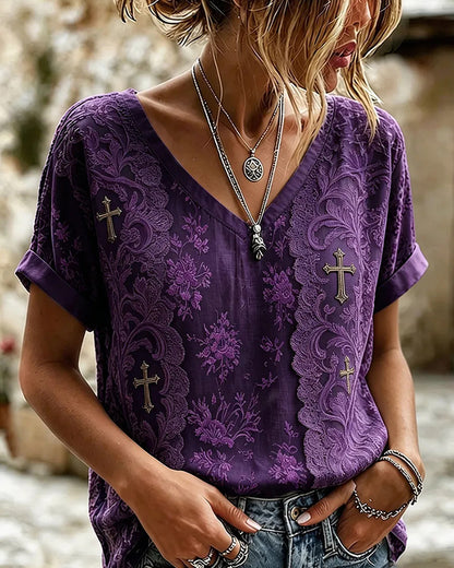 Vintage Floral Lace Patchwork Printed V-Neck Tee