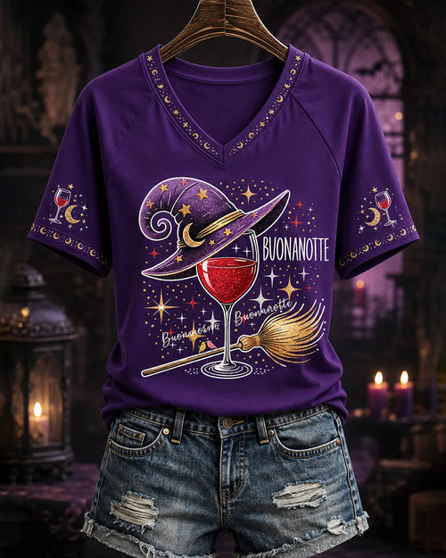 Women's Funny Halloween Buonanotte Wine Glass Print Casual V-Neck Tee
