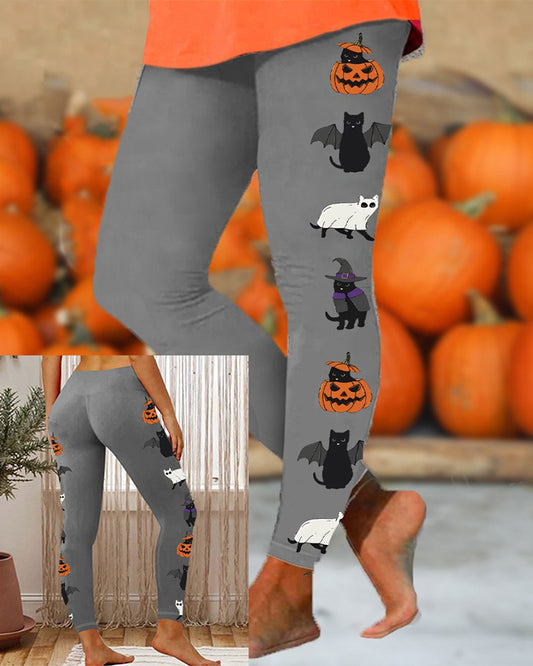 Women's Cat, Pumpkin and Bat Printed Casual Leggings