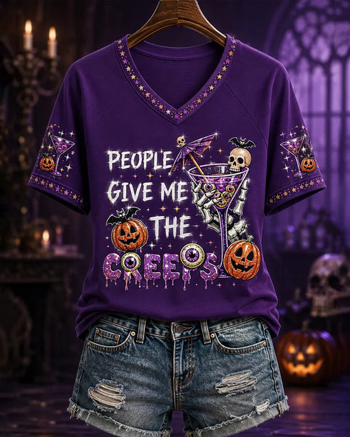 Women's Funny Halloween People Give Me The Creeps Print Casual V-Neck Tee