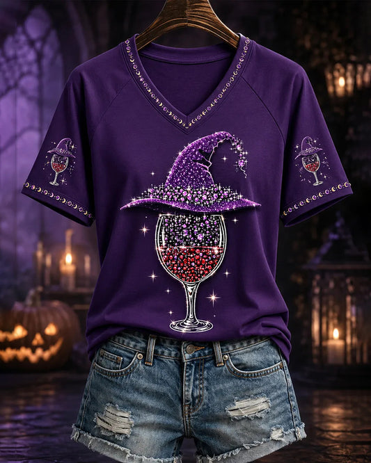 Women's Halloween Wine Glass Print Casual V-Neck Tee