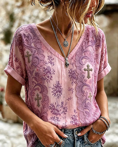 Vintage Floral Lace Patchwork Printed V-Neck Tee