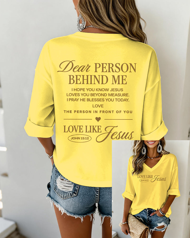LOVE LIKE JESUS Scripture-Print V-Neck Three-Quarter-Sleeve Loose-Fit T-Shirt