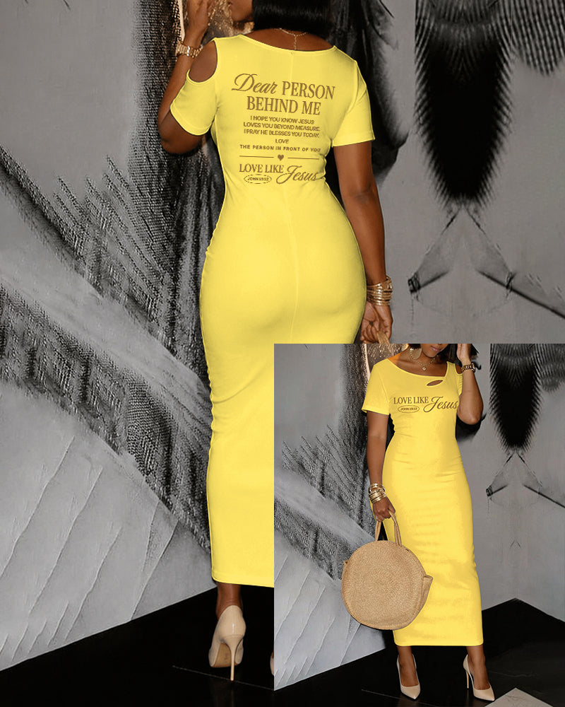 LOVE LIKE JESUS Scripture Print Hollow Shoulder Bag Hip Short-sleeved Midi Dress