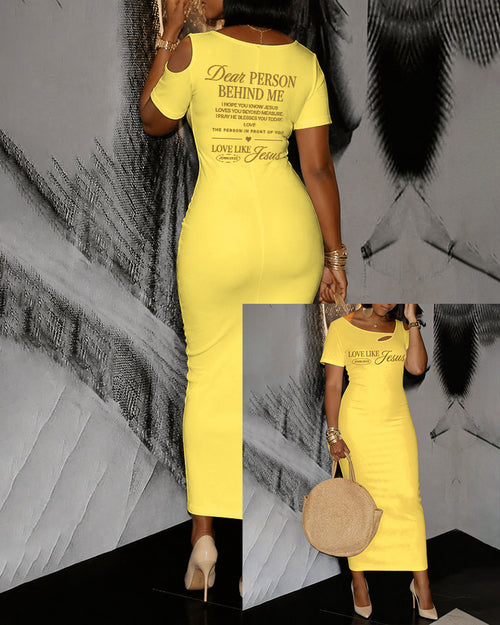 LOVE LIKE JESUS Scripture Print Hollow Shoulder Bag Hip Short-sleeved Midi Dress