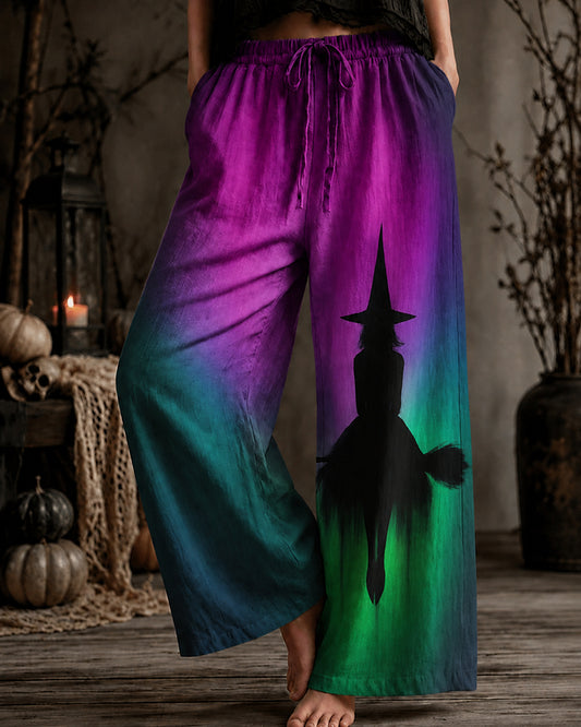 Women's Halloween Broom Witch Silhouette Print Trousers