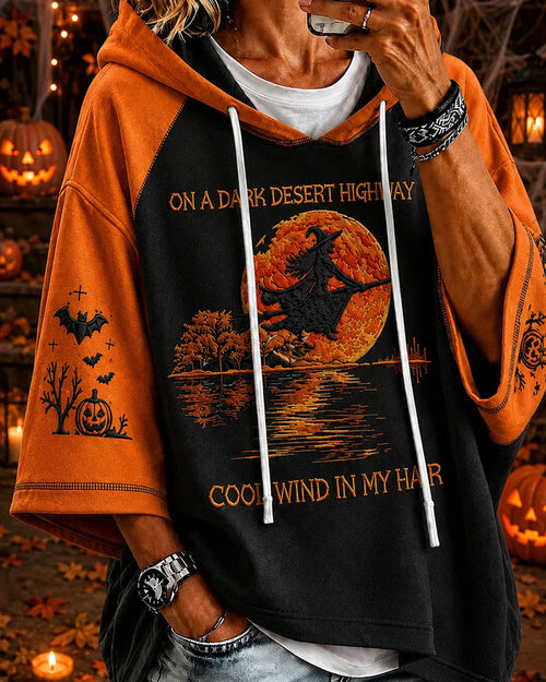 Women's Halloween Fun Bat Witch Printed Loose Hooded Hoodie