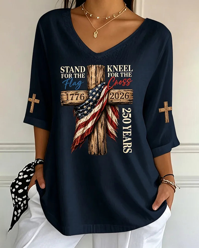 Women's God Family Country Flag Cross V Neck 3/4 Sleeve Casual Tee