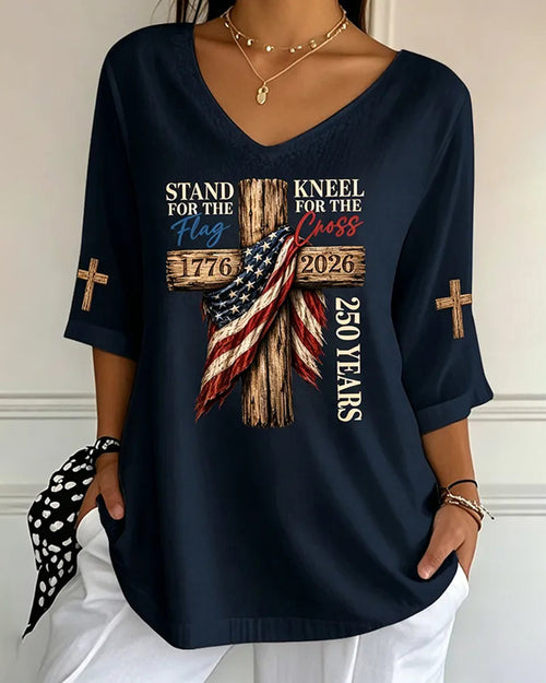 Women's God Family Country Flag Cross V Neck 3/4 Sleeve Casual Tee