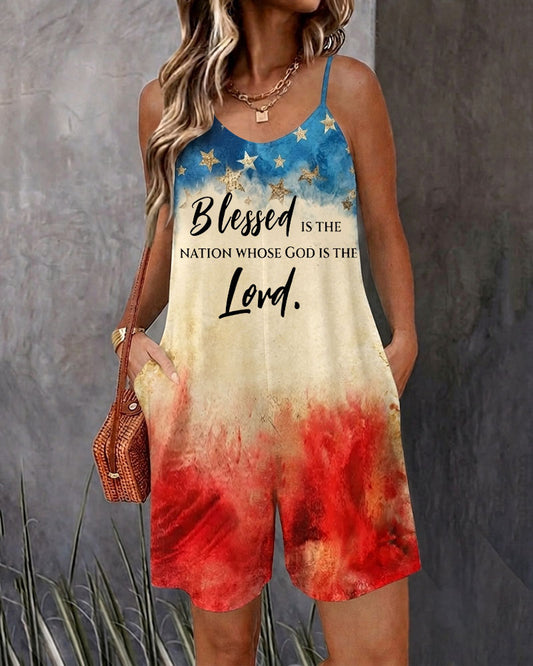 National Flag Graffiti and Faith Print Sleeveless Cami Short Jumpsuit With Side Pockets