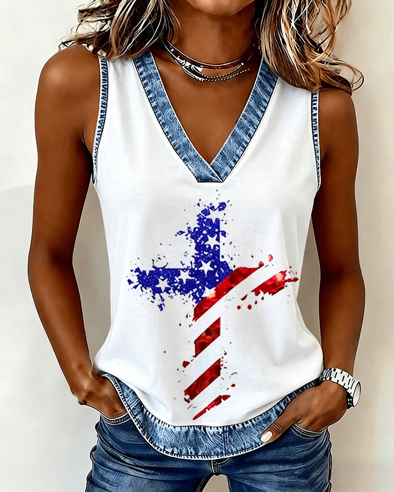 Flag Graffiti Cross Print V-Neck Vest