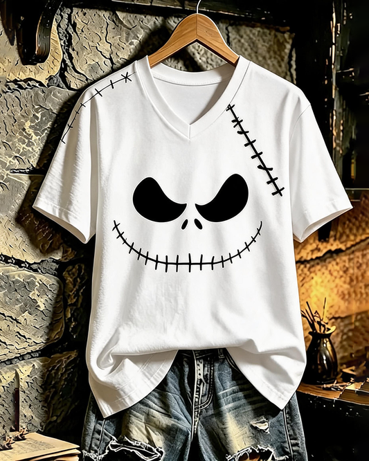 Skull Ghostface Stitch Print V-Neck Short-Sleeve Tee