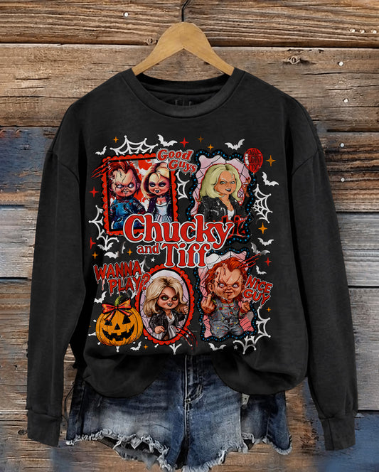 Women's Halloween Retro Horror Doll Couple Round Neck Sweatshirt