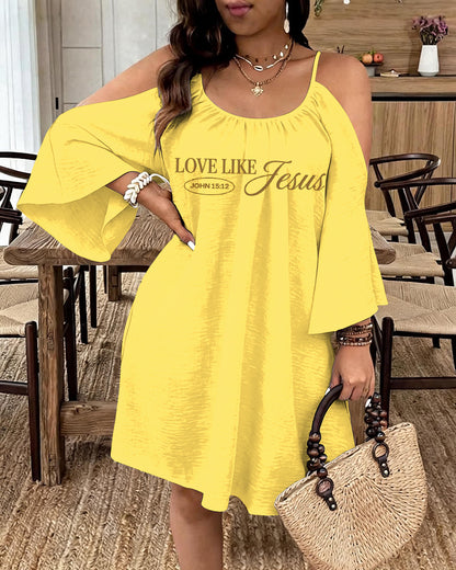 LOVE LIKE JESUS Scripture Print Strap Open-Shoulder Long Sleeve Dress