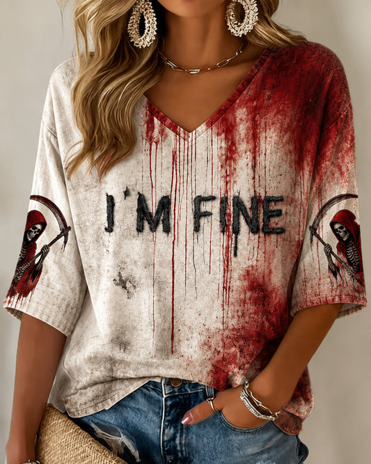 Women's Blood I'm Fine Halloween Printed V-neck Loose T-shirt