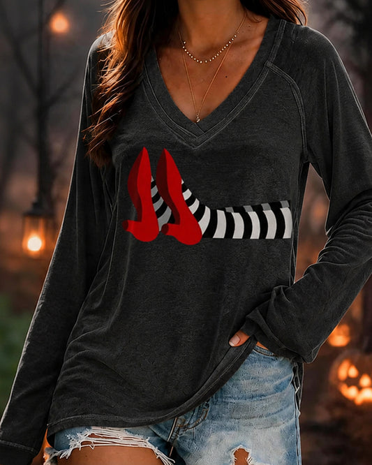Women’s Halloween-Printed V-neck Long-sleeved T-shirt