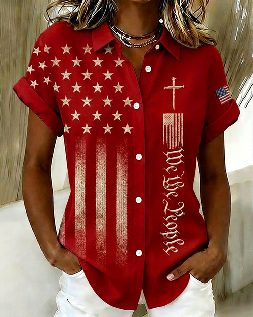 Women's National Flag and Cross Print Lapel Button-Down Short-Sleeved Shirt