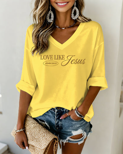 LOVE LIKE JESUS Scripture-Print V-Neck Three-Quarter-Sleeve Loose-Fit T-Shirt