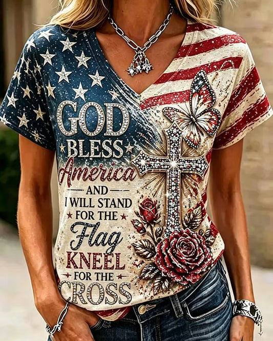 Vintage American Flag With Faith Sequins Art Casual T-shirt