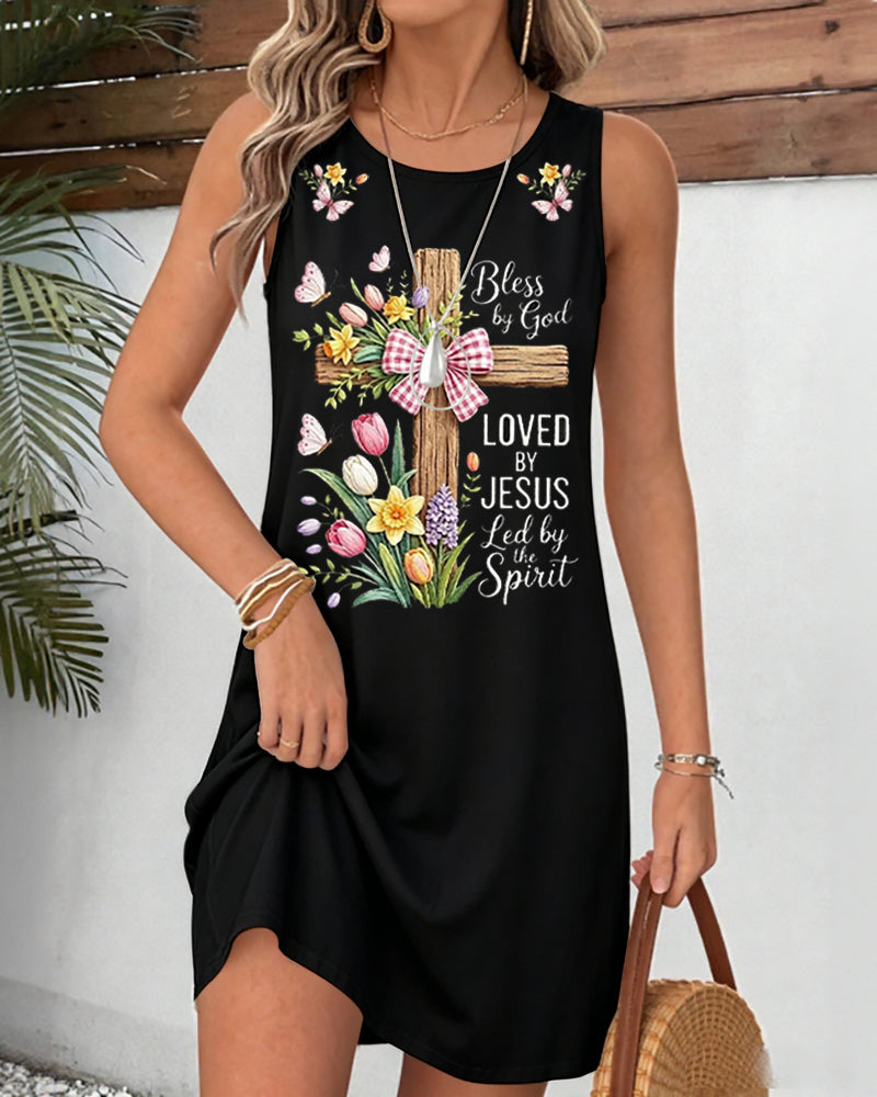 Bless By God Print Round Neck Sleeveless Mini Casual Dress