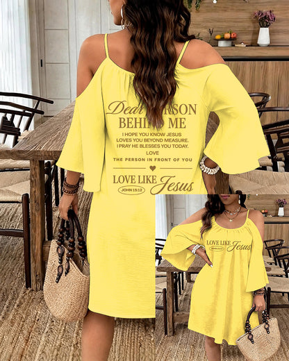 LOVE LIKE JESUS Scripture Print Strap Open-Shoulder Long Sleeve Dress