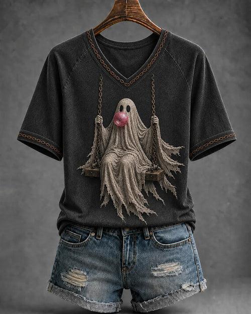 Women's Halloween Ghost on Swing V-neck Short Sleeve T-shirt