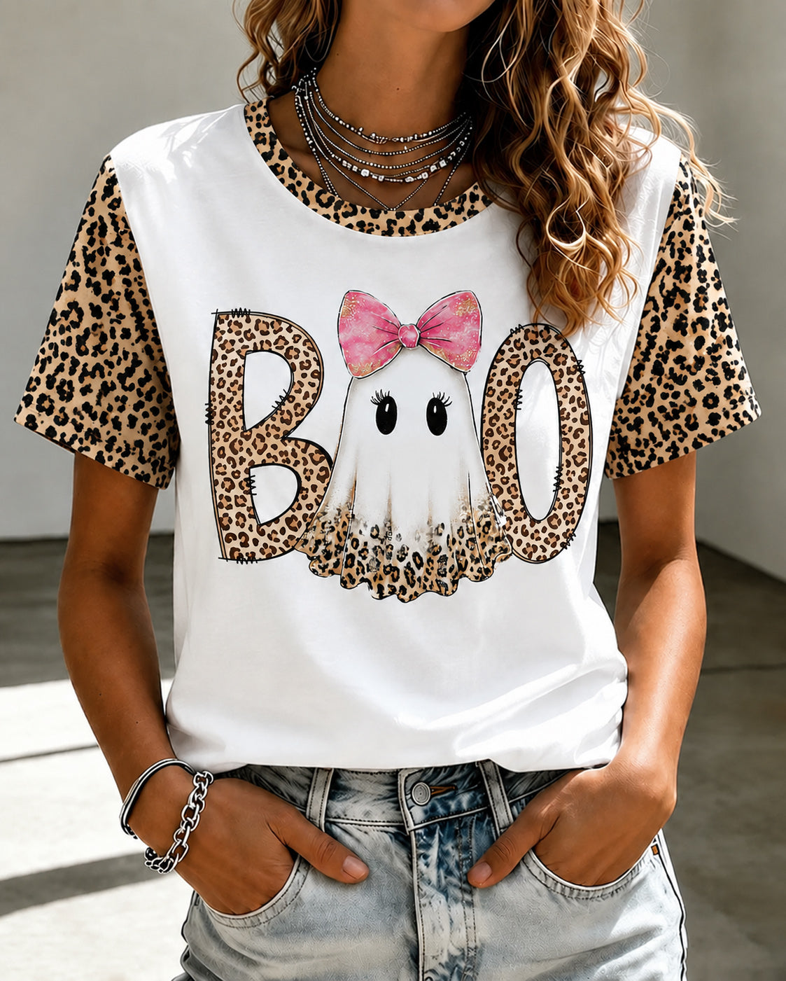 Preppy Ghost Boo Printed Crew Neck Short Sleeve Tshirt