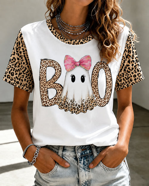 Preppy Ghost Boo Printed Crew Neck Short Sleeve Tshirt
