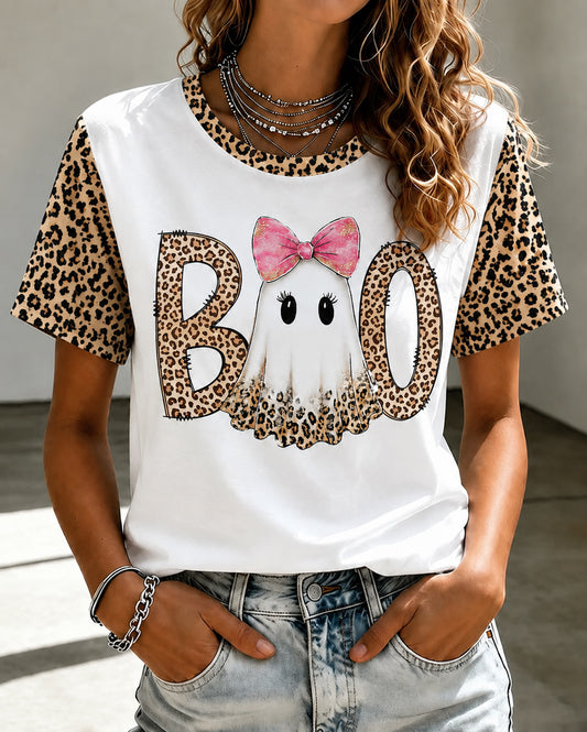 Preppy Ghost Boo Printed Crew Neck Short Sleeve Tshirt