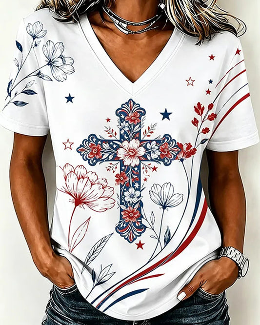 Red White Blue Floral Star Element Vintage Cross Print V-Neck Short Sleeve T-Shirt