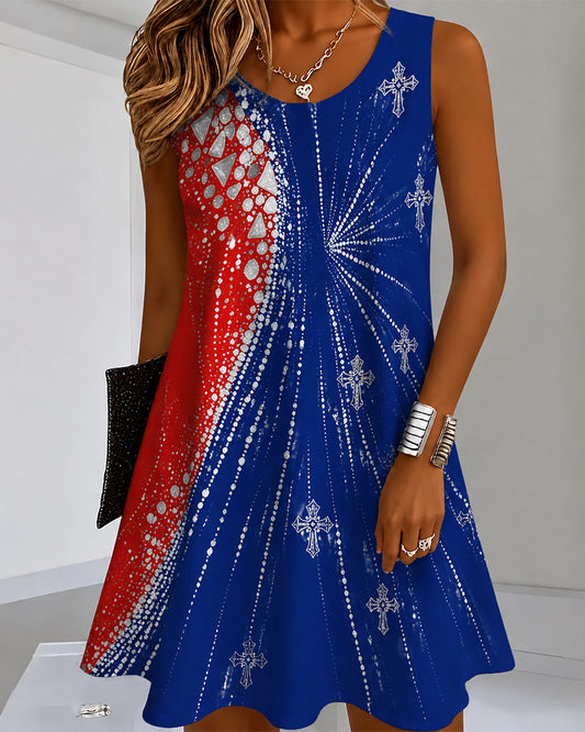 Red And Blue Radial Crushed Diamond Cross Printed Round Neck Sleeveless Mini Dress