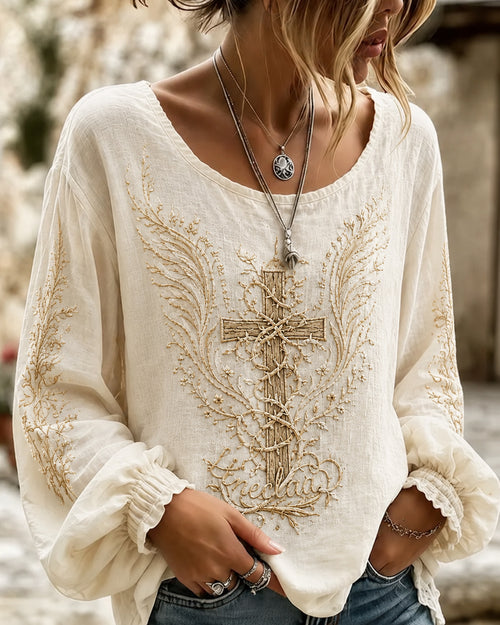 Wings and Cross Print Round Neck Puff Sleeves Blouse