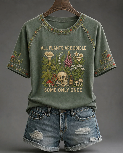 Women's All Plants Are Edible, Some Only Once' Printed V-neck Short Sleeve T-Shirt