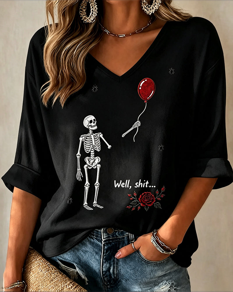Women's Halloween Fun Skull Balloon Prints  Mid-length V-neck Loose T-shirt