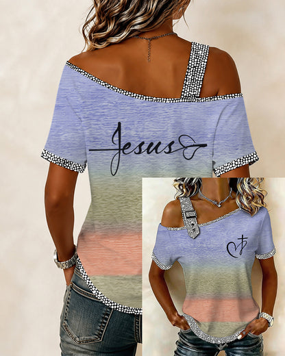 Oversized Heart And Cross Off-Shoulder Trimmed Short-Sleeve Top For Women
