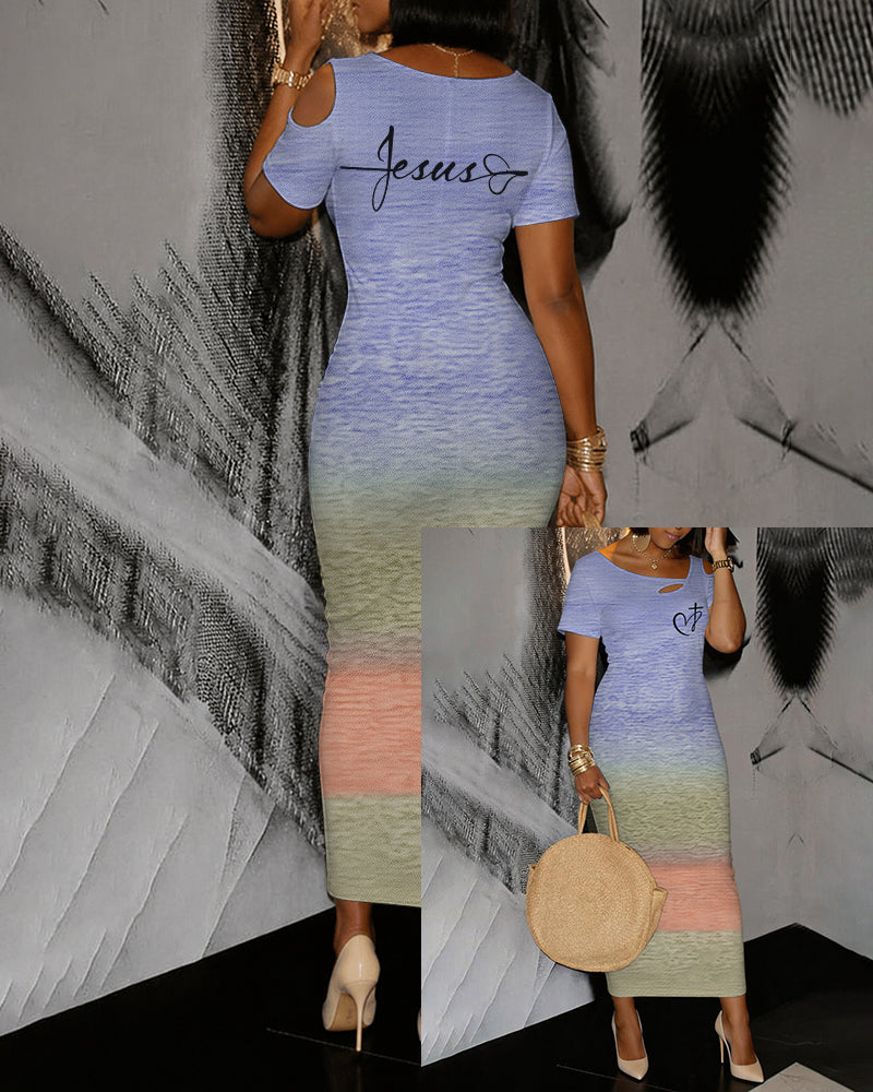 Gradient Love Cross Printed Hollow Shoulder Bag Hip Short-sleeved Mid-length Dress