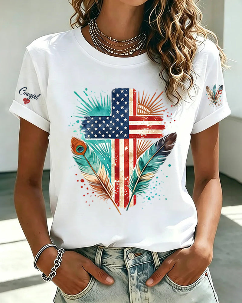 Western Feather Flag Cross Printed Round Neck Short Sleeve Tee