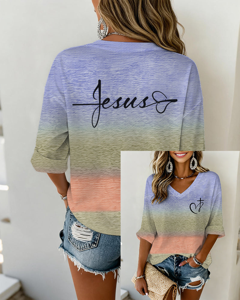 Three-Color Gradient Heart And Cross Print V-Neck 3/4-Sleeve Loose-Fit T-Shirt