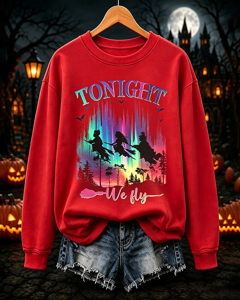 Women's  Halloween Bad Witches Vibes Printed Round Neck Sweatshirt