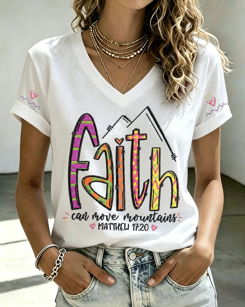 100% Cotton Faith Can Move Mountains V Neck Short Sleeve Tshirt