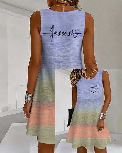 Gradient Love Cross Printed U-Neck Sleeveless Vacation Short Dress