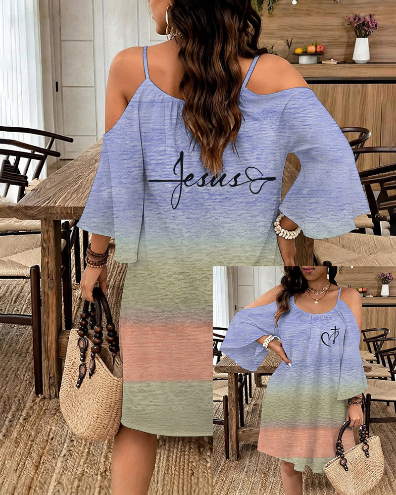 Gradient Love Cross Print Strap Long Sleeve Dress